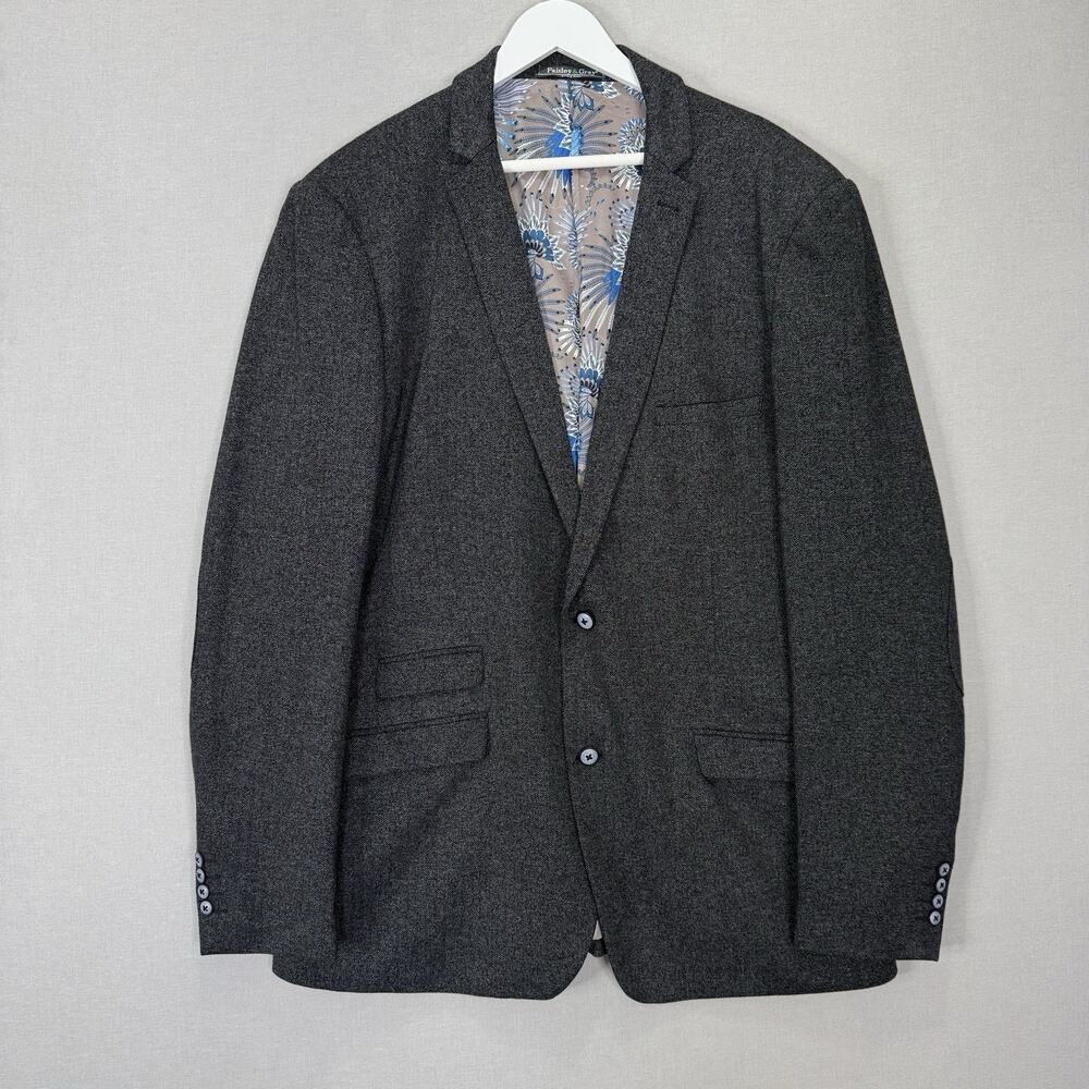 Paisley & Gray‎ Slim Fit Blazer Mens 48L Gray Herringbone Elbow Patch Sport Coat